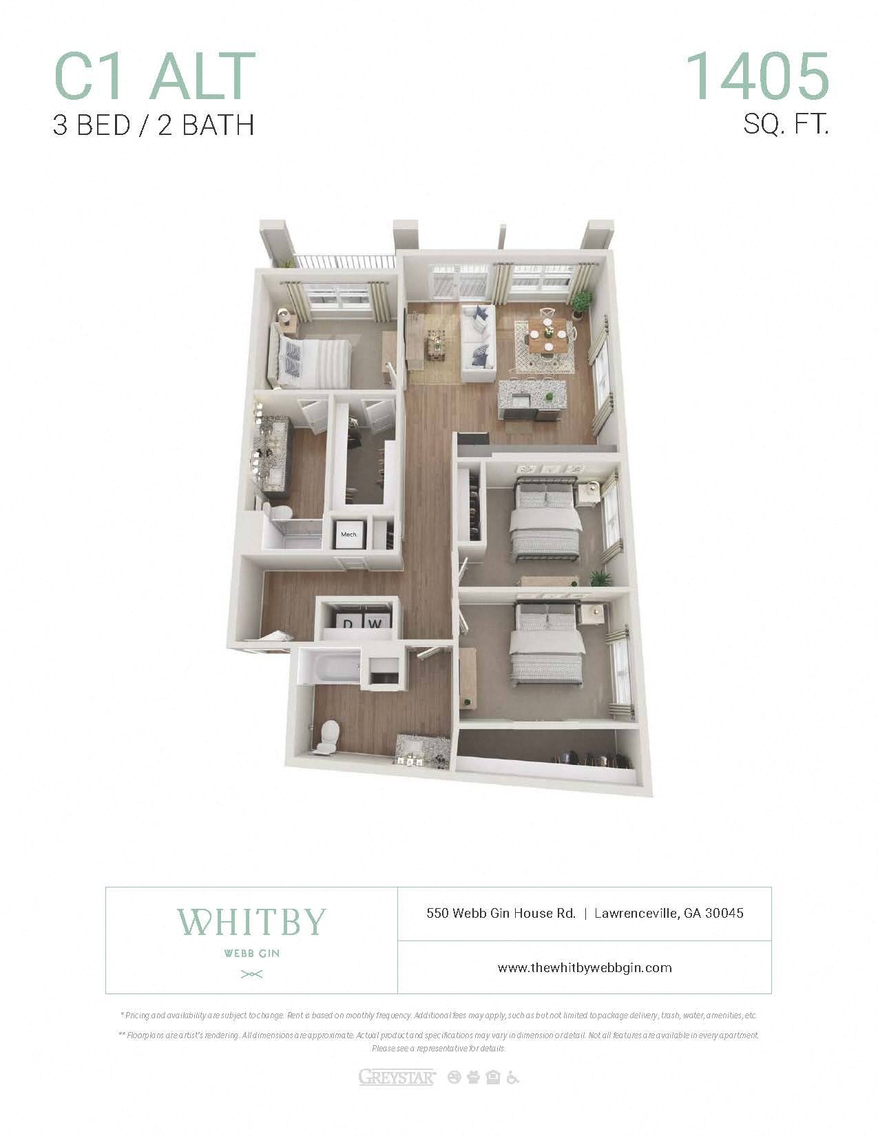 Floor plan for 3 beds, 2 baths, 1405 sqft